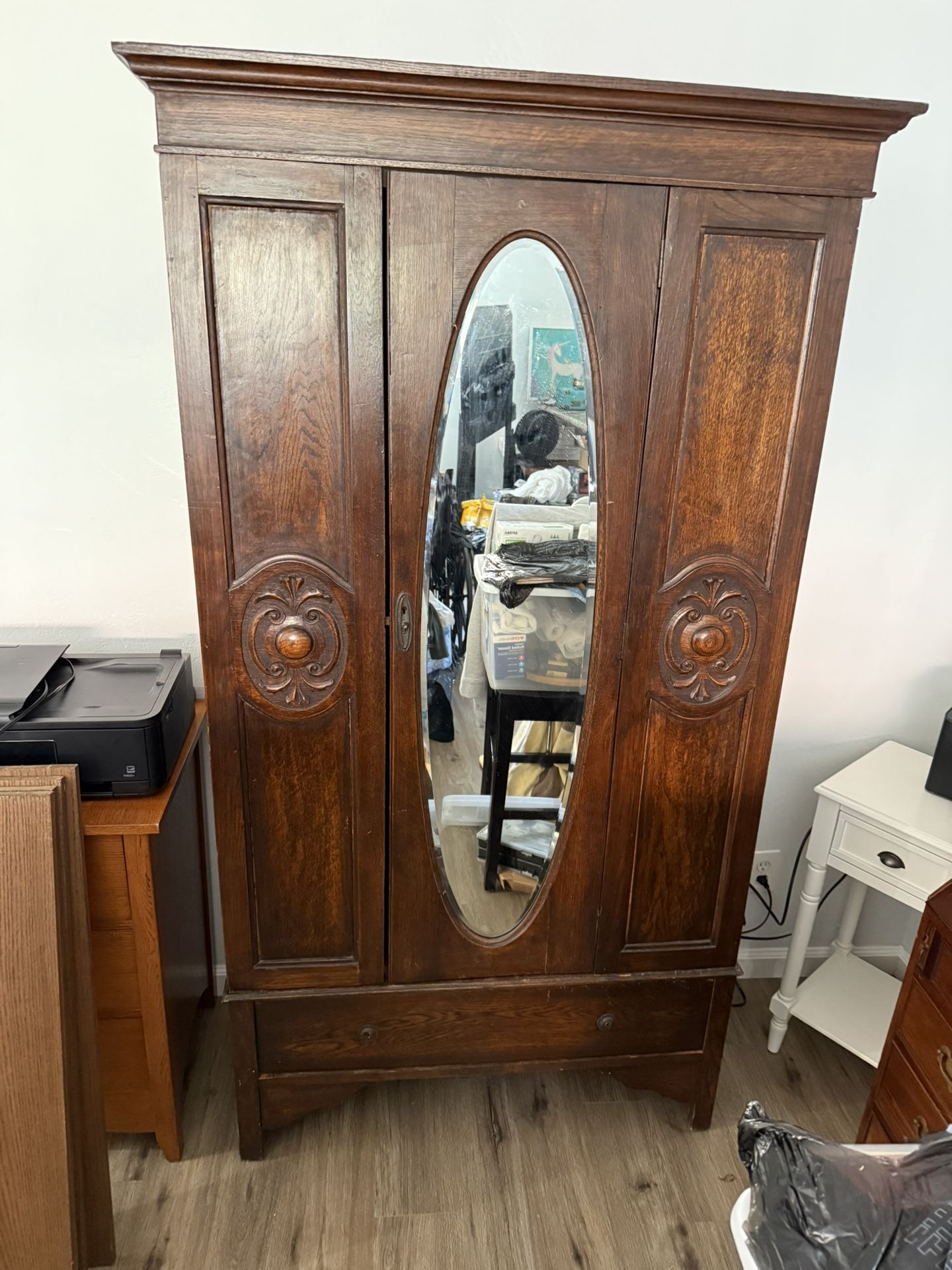 Vintage English Edwardian Style Mahogany Wardrobe Cabinet With Oval Mirror and Drawer