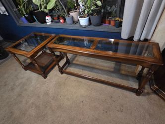 Matching wooden sofa table and end table with glass top inserts, $60  for set!