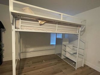 White Metal Loft Bed with Staircase Shelves