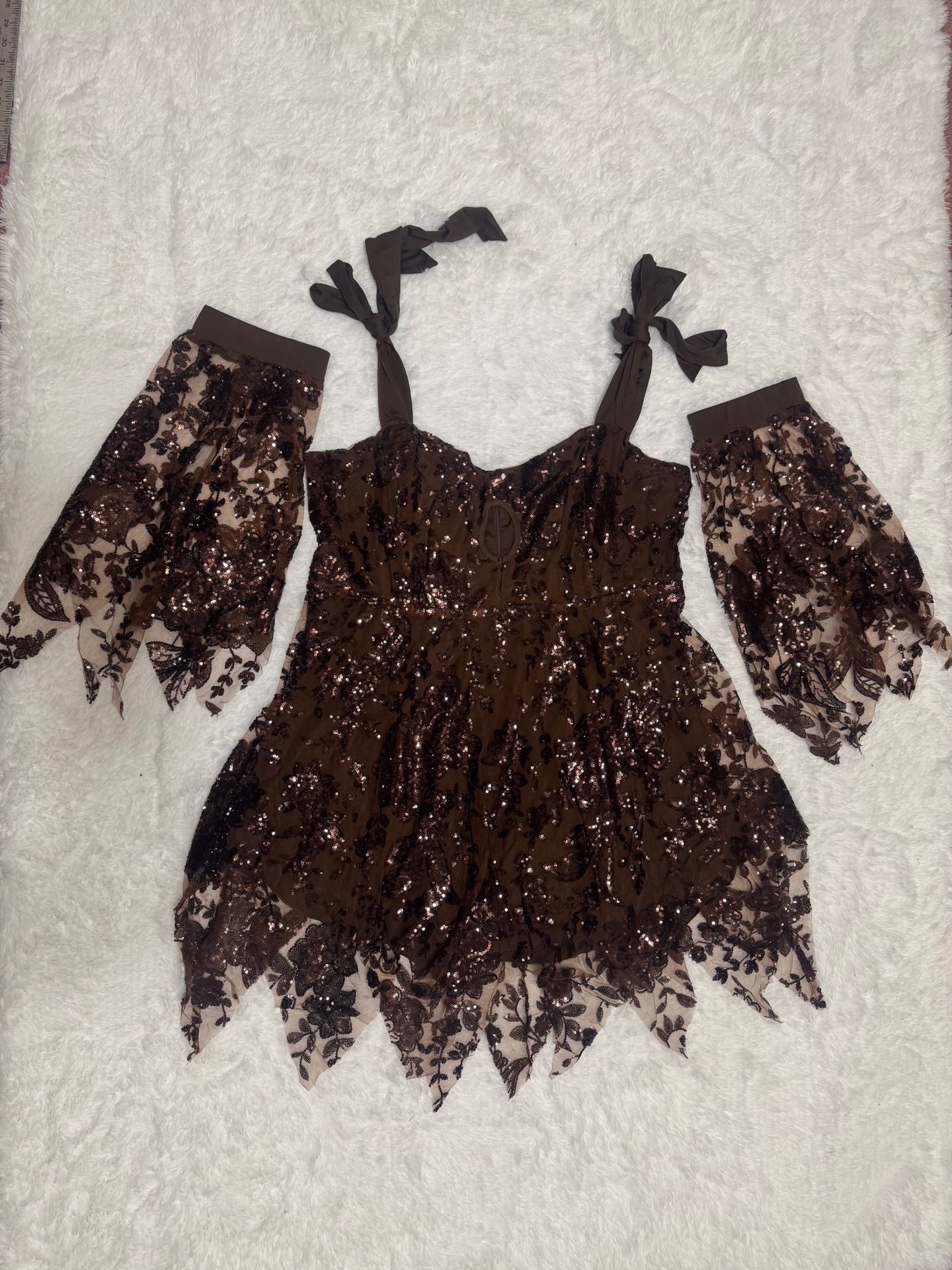 New 3xl brown sequin short dress festival rave goth boho arm sleeve beaded mini