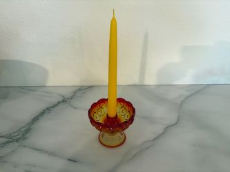 Vintage LE Smith Amberina Glass Candle Holder Moon and Stars With Yellow Beeswax Candle