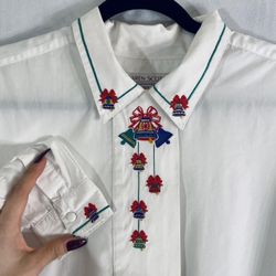 karen scott vintage holiday white button up dress shirt w embroidery 