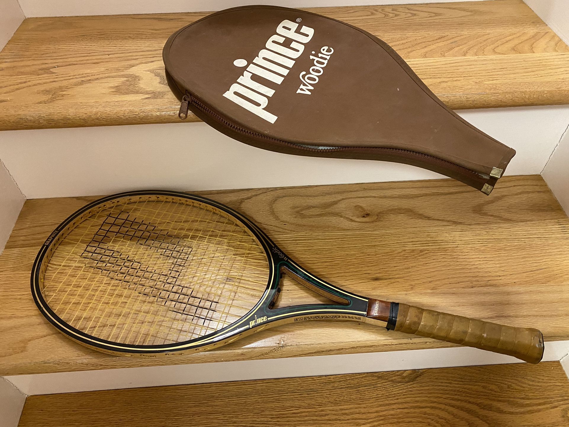 VINTAGE 1980 PRINCE WOODIE TENNIS RACKET 4 1/4” WOOD GRAPHITE WITH COVER