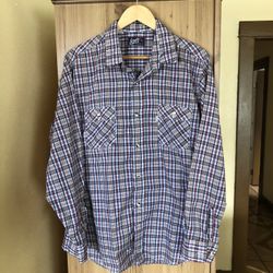 LEVI'S Vintage Clothing Mens XL Blue Red Plaid Long Sleeve Button Up Shirt Made In USA Excellent Condition