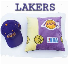 RARE VINTAGE LOS ANGELES LAKERS 1990's PURPLE/ GOLD SNAPBACK HAT AND PLUSH PILLOW.