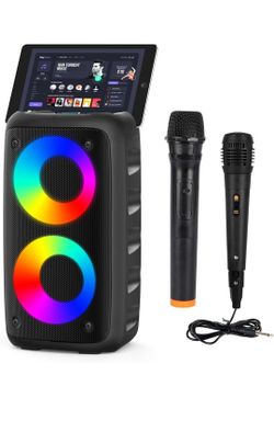  Bluetooth Speaker,Karaoke Speaker with 1 Wireless Microphone and 1 Wired Mic,Colorful LED Lights,TWS Pairing, Portable Karaoke for Adults with Rechar