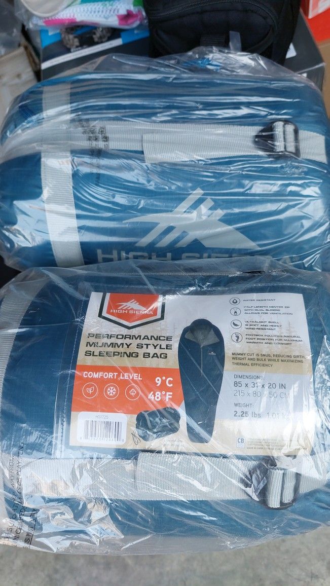 2 × Brand new high sierra performance mummy style sleeping bags 48°F