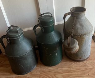 ANTIQUE METAL MILK JUGS WITH LIDS (3) 17” 18” 19” $40 each OLD!