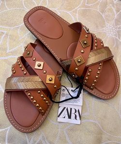 Zara Brown and Gold Embellished Sandals New