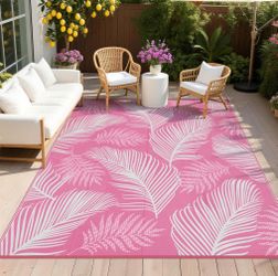 Pauwer Waterproof Outdoor Rug 8x10, Plastic Straw Patio Rug, Leaf Pink
