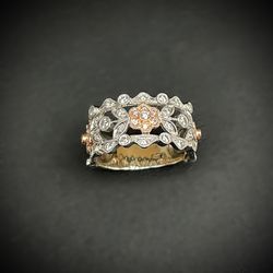 Market Square Jewelers TWO TONE 14k White Gold FLORAL DIAMOND COCKTAIL BAND