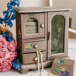 Painted Vintage Wooden Gray Jewelry Box with Bonus Trinket Box