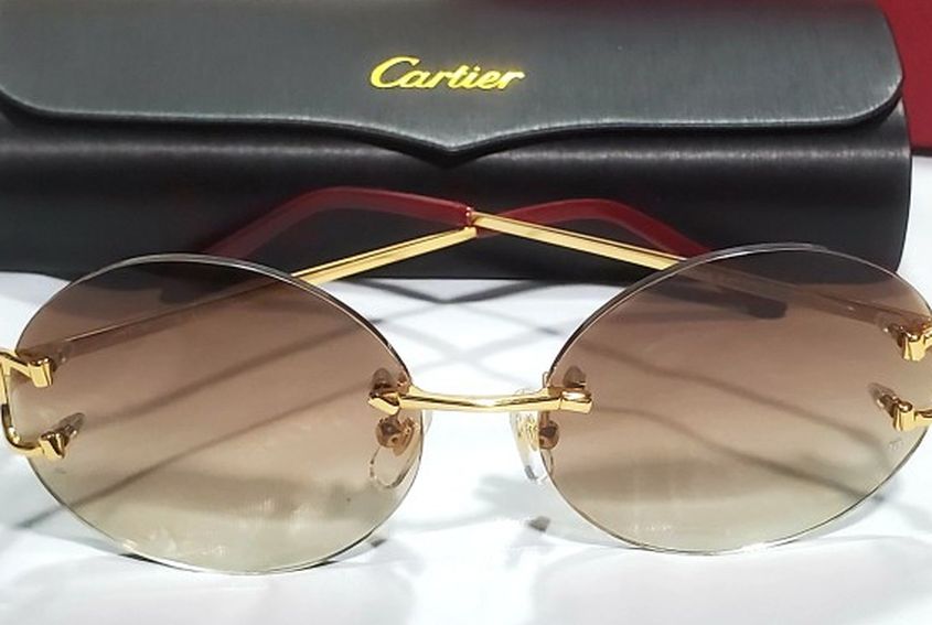 Cartier Gold Wire Big C Frame Brown Circle Lens Glasses Sunglasses