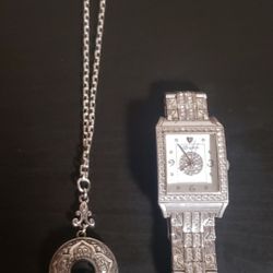 Brighton Diamond Bar Watch & Locket Necklace Silver Plated Black Cabochon Round Sunflower Chain 20"