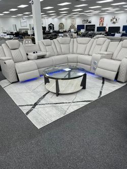 Large Power Reclining Sectional w/Adjustable Headrest & Wireless Speakers
