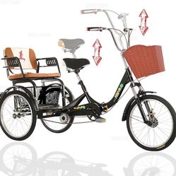 Folding Adult Tricycle with Child Seat 3 Wheel Bike for Ladies Basket Tricycle with Back Seat 20 Inch Bicycles Max Load 440LB Adult-Unisex