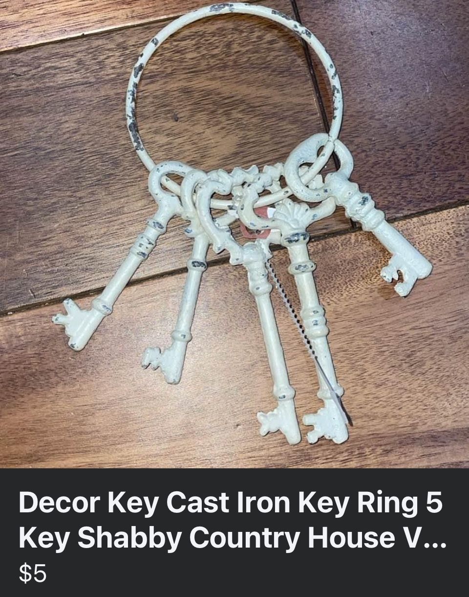 Decor Key Cast Iron Key Ring 5 Key Shabby Country House Vintage 5 1/2in