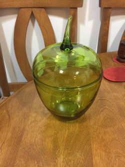 Vintage green Apple glass small cookie jar