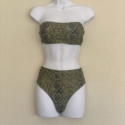 Green Snakeskin 2pc High-Waisted Bandeau Swimsuit Set