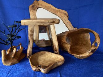 Set Of 5 Wooden Home Decors: mirror, chair, bucket, plate, candle holder