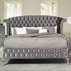 Brand New Grey Crystal Button Tufted Bed