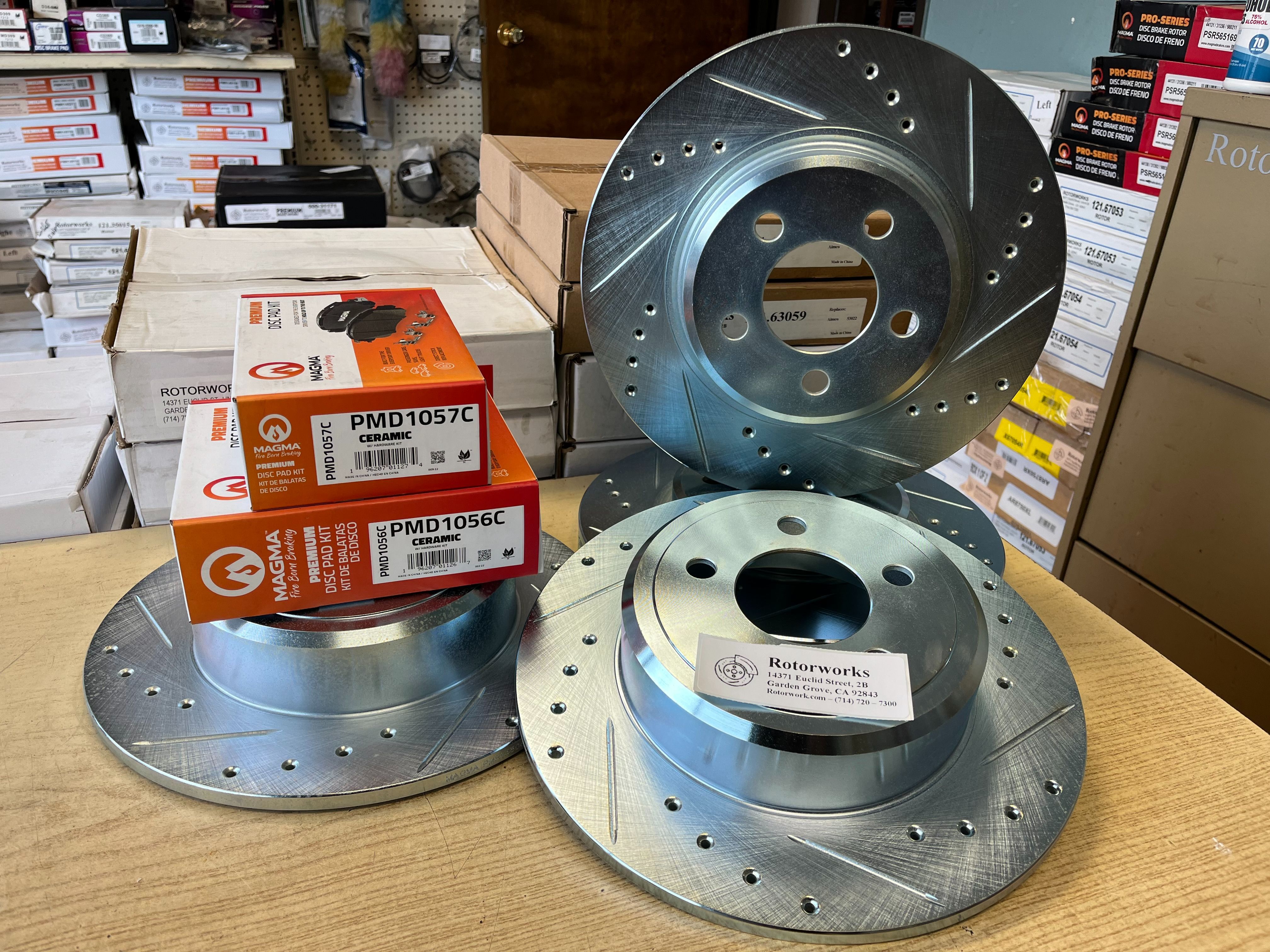 Chrysler 300 Dodge Charger Challenger V6 05-23 Front & Rear Drill Slot Rotors Ceramic Brake Pads