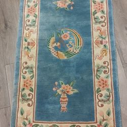 Vintage Aubusson-Style Carved Chinese Rug - Hand-Knotted Elegance in Blue & Beige, 26" x 58