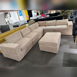 modern comfortable beige corduroy Modular design 6 pc sofa set w/ free ottoman