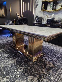 -Marble Dining Table with Gold Pillar Base