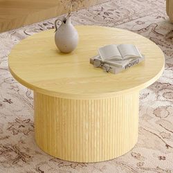 31.5" Round Coffee Table, Tambour Design Coffee Tables for Living Room, Mid Cent
