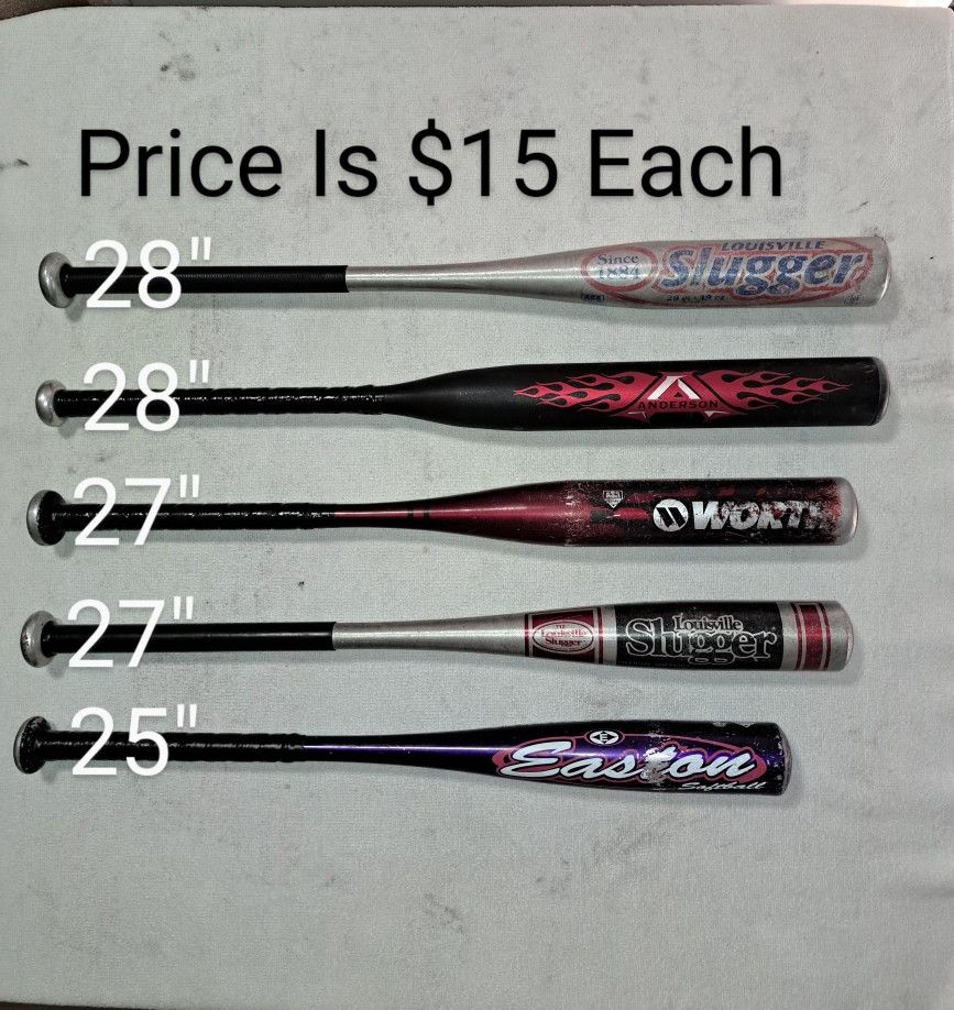5 Softball Bats Of Various Sizes (Price Is $15 Each)