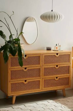 6-Drawer Rattan Cane Wood Dresser