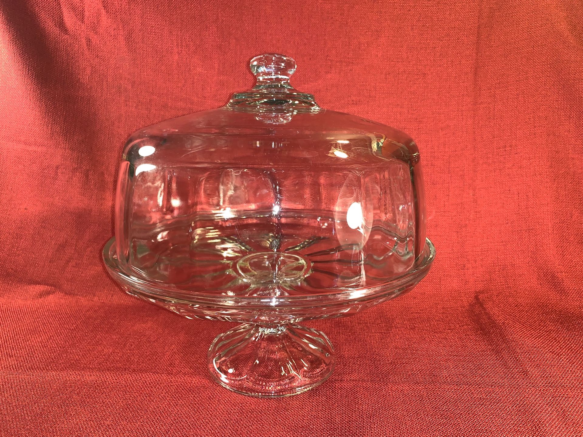 Vintage Clear Paneled Lidded Pedestal Glass Cake Stand (Height: 11-1/2”)