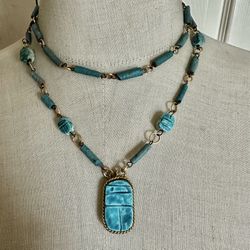 Egyptian Revival  Turquoise tone  Faience Scarab Necklace