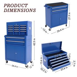 8-Drawer Rolling Tool Chest with Wheels, Lockable 2 in 1 Detachable Tool Cabinet Garage Top Toolbox & Bottom Storage Cart with Side Hooks(Blue)