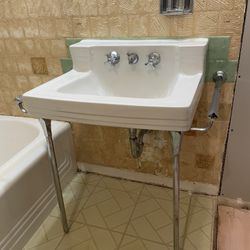 Beautiful 1954 Mid Century Deco White Porcelain American Standard Bathroom Sink With Towel Bars