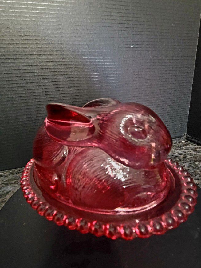 Vintage Indiana Glass Cranberry Bunny Candy Dish Nesting Rabbit Pink Glass Covered Dish 8"×5"