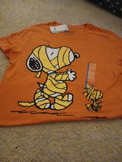Peanuts Snoopy and Woodstock Women’s Mummy T-shirt Orange Size L Juniors Large OBO 