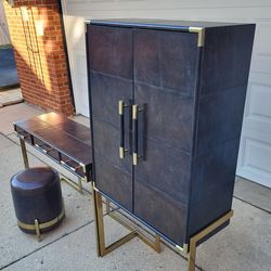 Walter E. Smithe Leather & Brass Vanity + Bar Cabinet Set