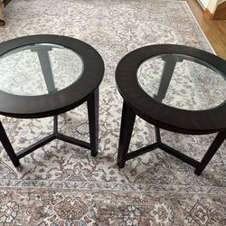 Round dark brown coffee tables (glass top)