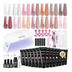 JEWHITENY Poly Extension Gel Nail Kit 14 PCS Poly Gel Kit with Slip Solution and Mini Lamp Nail Art Design Beginner