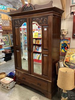 English Armoire - carved mirrored doors 84” H x 51W x 20D
