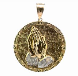 Men’s 10k Two Toned White and Yellow Gold Large 2.5” Inch Round Praying Hands Pendant for Necklace GP3102209