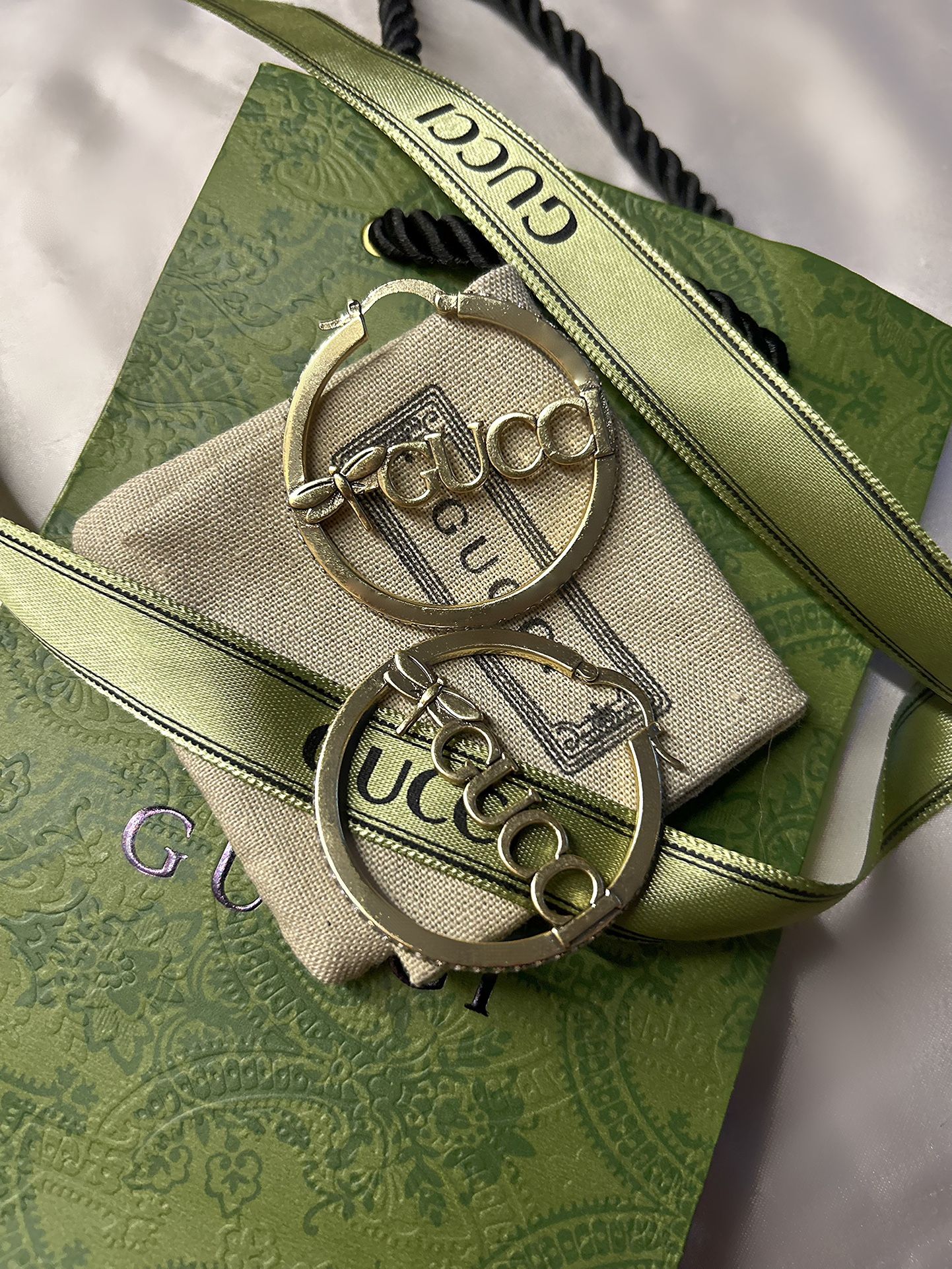 GUCCI #8402 WHITE GOLD AND CRYSTAL HOOP EARRINGS