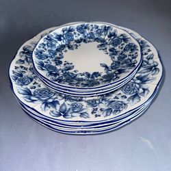 7-Sango Blue Damask 4-Dinner Plate 10.5” And 3-Salad Size Plate 7.5”