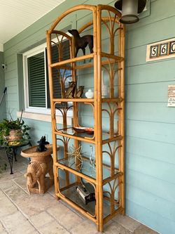 Vintage BOHO/MCM Bamboo/Rattan Arched Etagere Glass Shelf