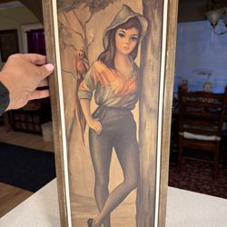 Vintage 1960’s Jean Maio Art Print on Wood Board – Hooded Big Eye Harlequin Girl w/ Parrot 