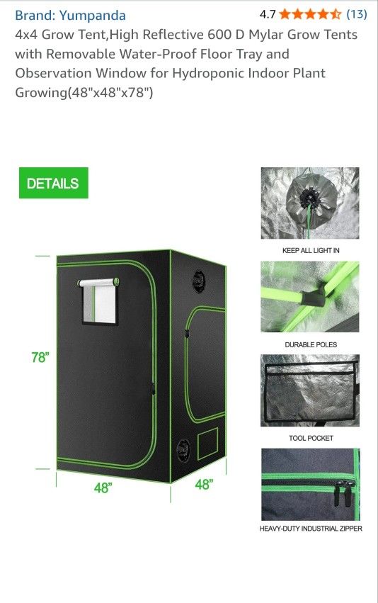 4x4×7 Grow Tent Hydroponic Reflective
with Removable Water-Proof Floor Tray
