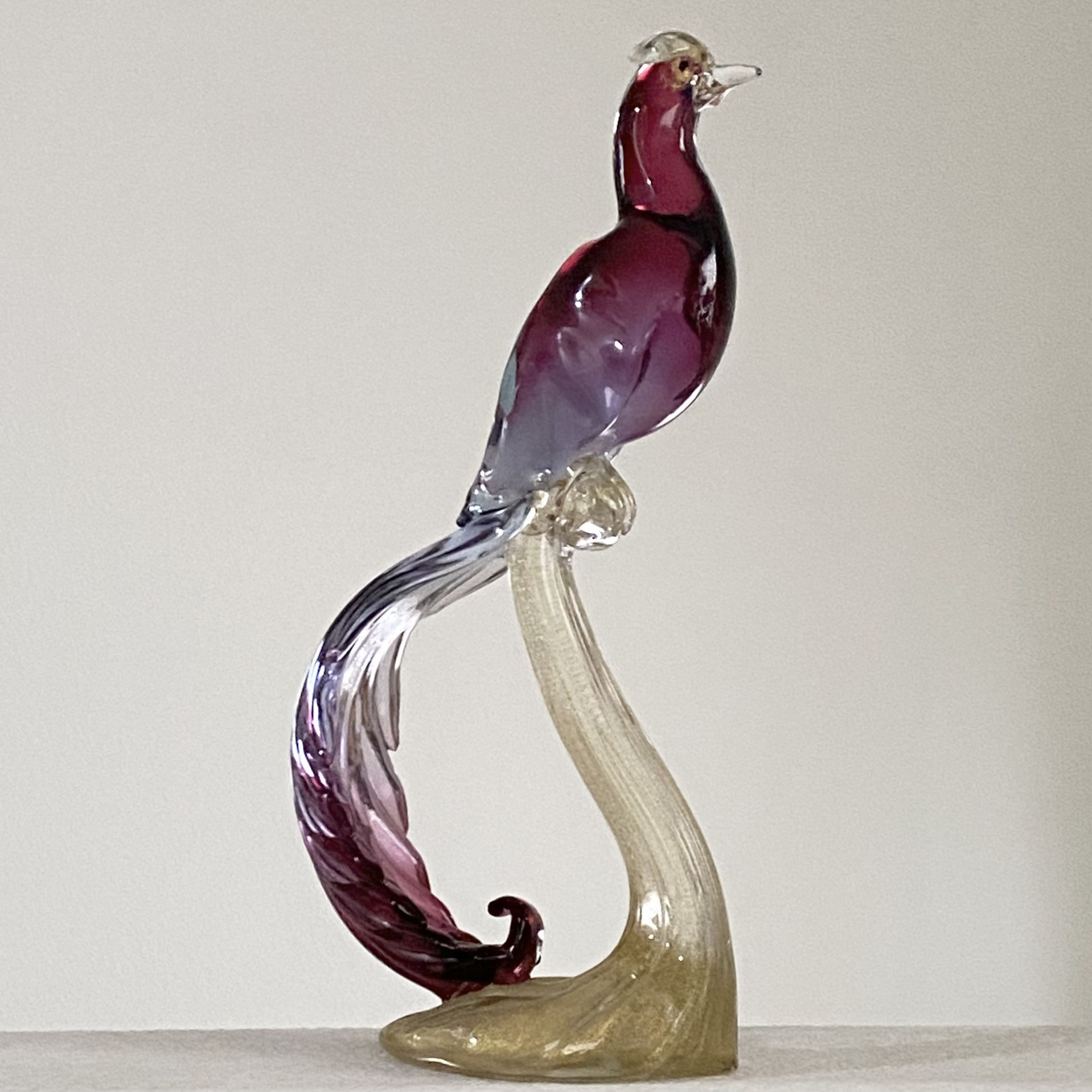 Vintage Alfredo Barbini Murano Art Glass Purple/Gold 15.5” Pheasant Bird Sculpture