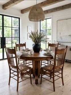 Set of 4 Antique Vintage 1890s 1900s Pressback Oak Dining Chairs with Caned Seats Farmhouse Country Cottage Cabin Boho Maximalist (No Table)